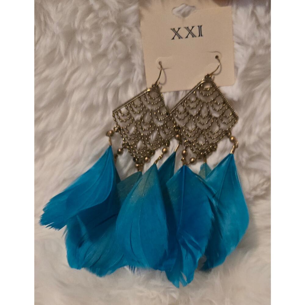 Vintage Y2K Blue Feather Eareings with Gold Dusting